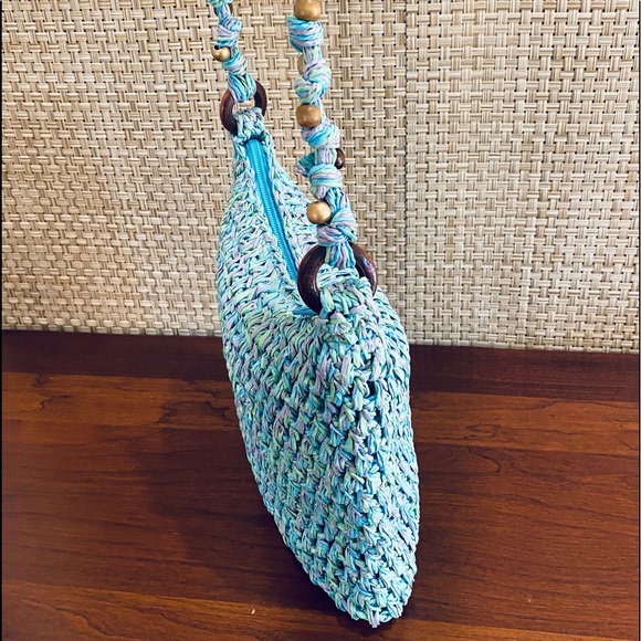 🌟HP🌟NWOT Boho Aqua & Wood Bead Toyo Straw Crossbody Bag by Cappelli Straworld - Picture 9 of 13